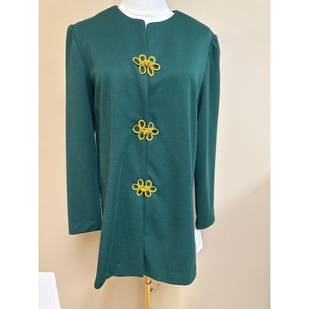 NWT Leslie Fay Green Women's Long Sleeve Tunic‎ coat with Gold Floral Buttons